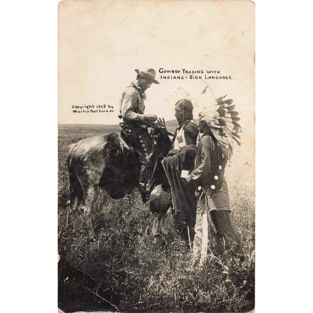 RPPC 1909 Cowboy Trading with Indians Sign Language Native American Postcard - Picture 1 of 2